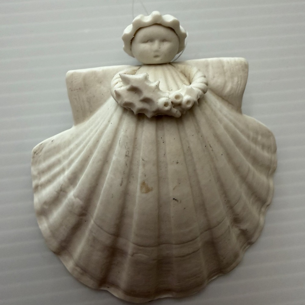 Vintage Margaret Furlong Bisque Ceramic Shell Angel Christmas Ornament Holly